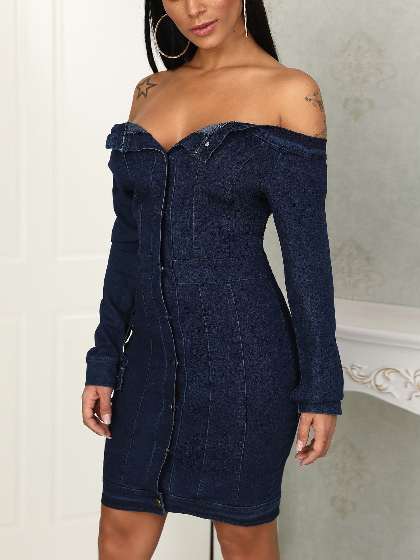 Button Up Off Shoulder Denim Bodycon Dress - DadHats2ow6ix