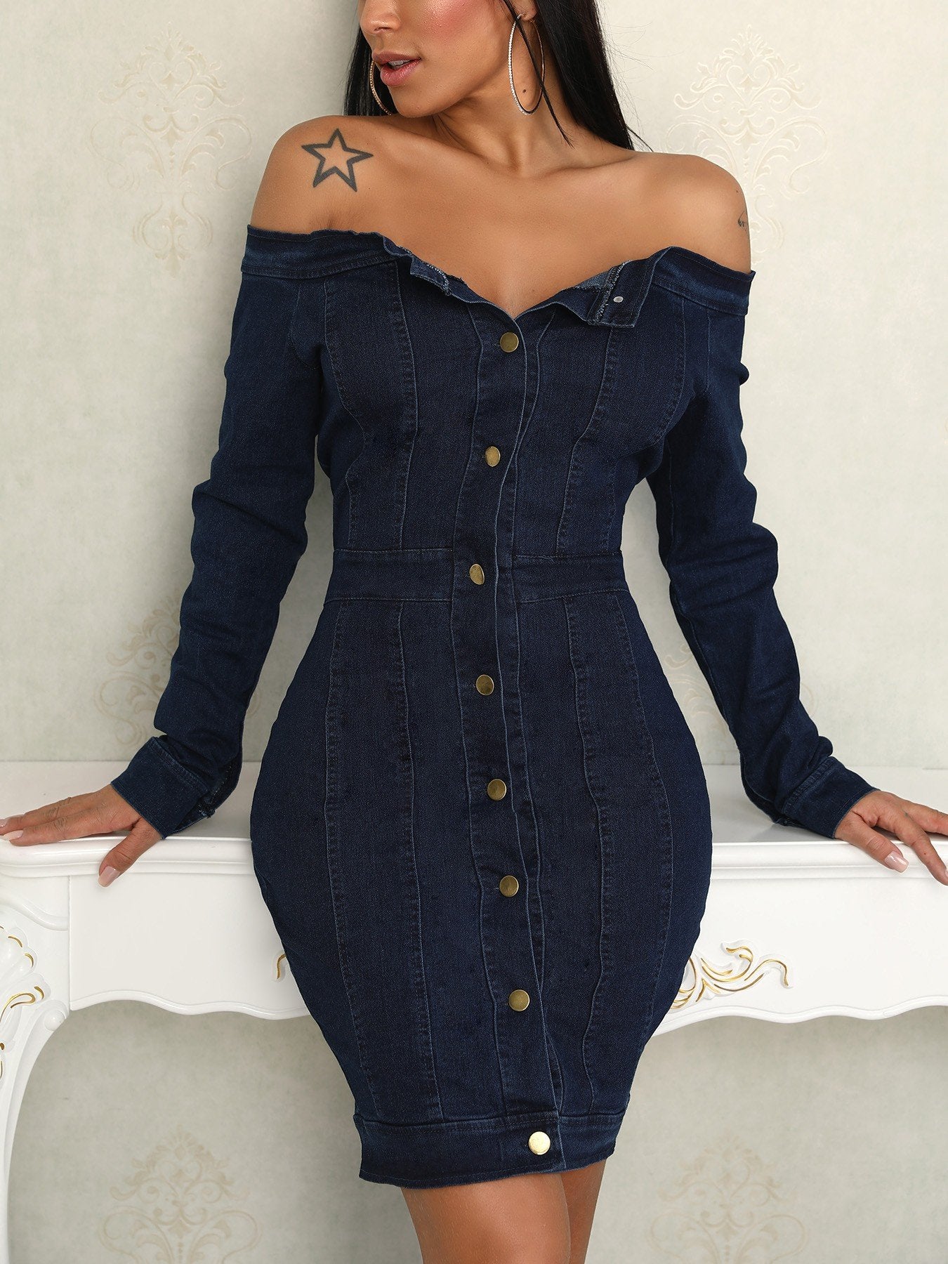 Button Up Off Shoulder Denim Bodycon Dress - DadHats2ow6ix