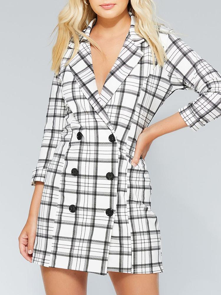 Plunge Grid Double Breasted Blazer Dress - DadHats2ow6ix