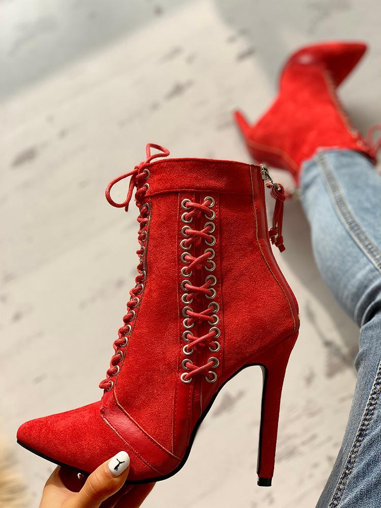 Lace-Up Eyelet Thin Heeled Boots - DadHats2ow6ix