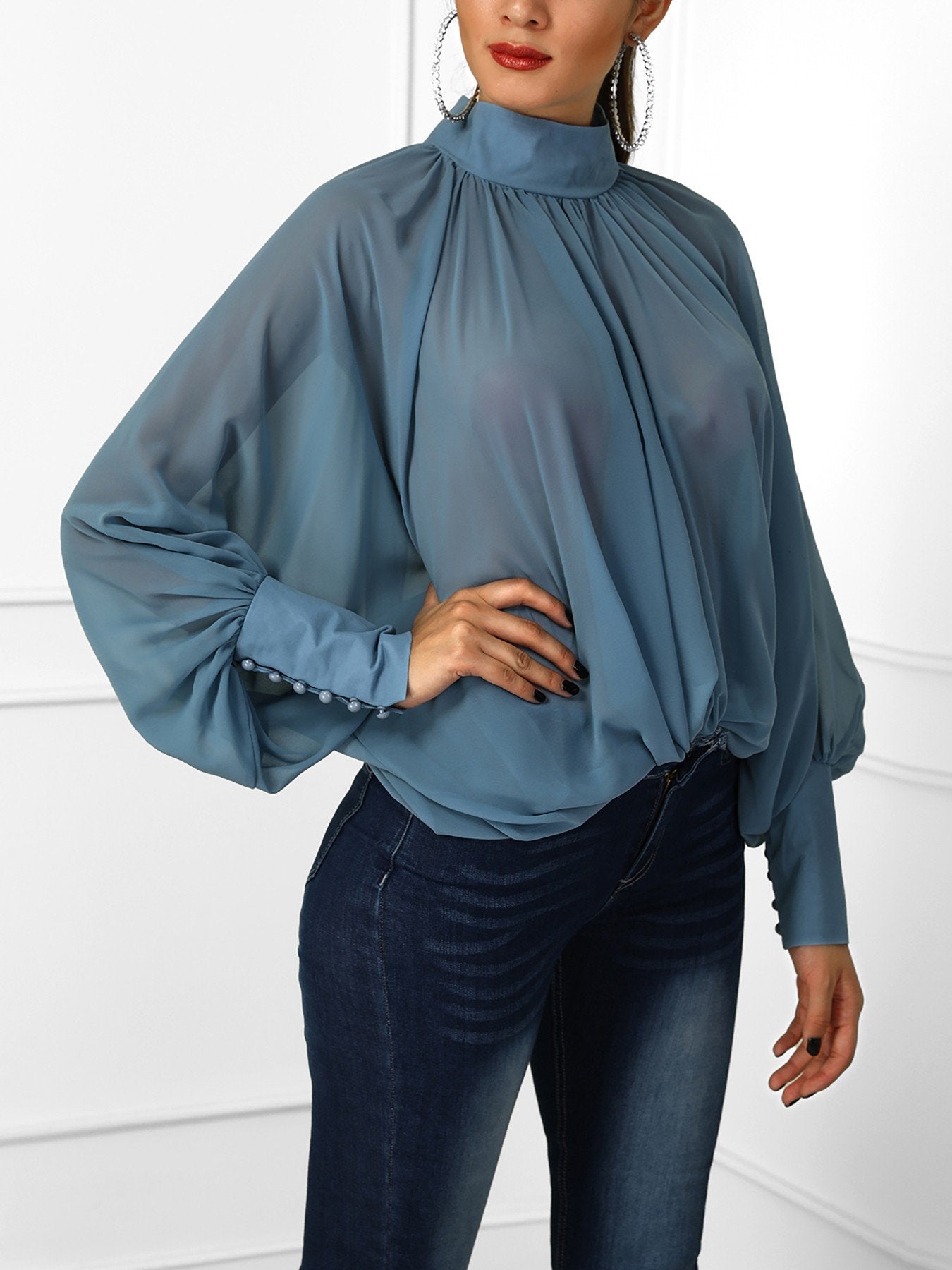 Solid Lantern Sleeve Scrunched Blouse - DadHats2ow6ix