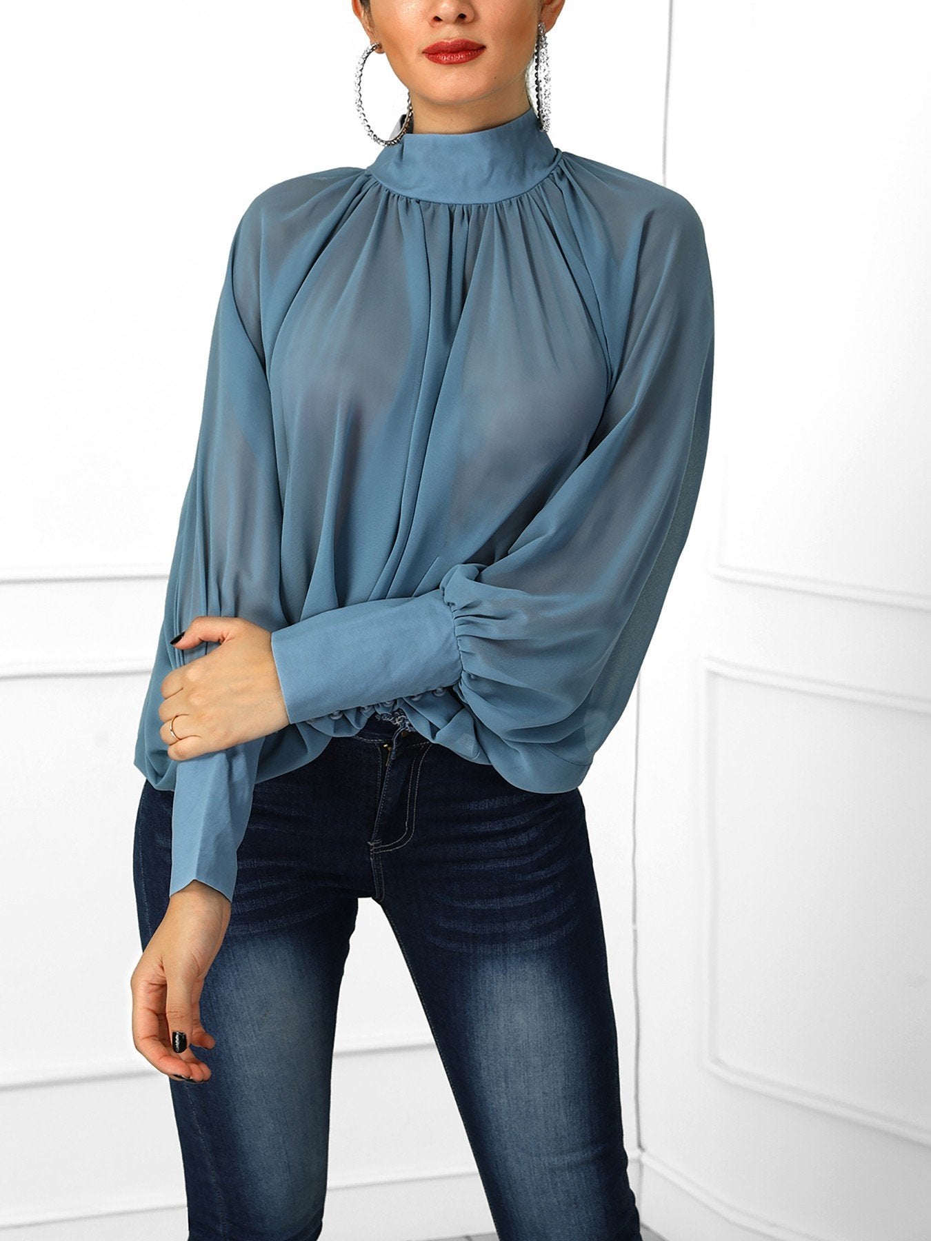 Solid Lantern Sleeve Scrunched Blouse - DadHats2ow6ix