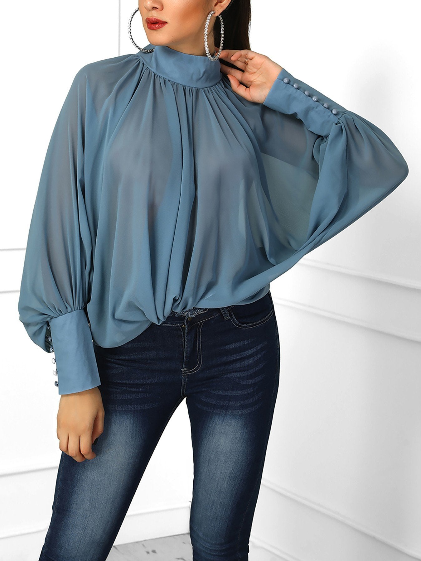 Solid Lantern Sleeve Scrunched Blouse - DadHats2ow6ix