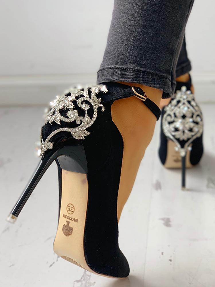 Gem-Studded Pointed Toe Ankle Strap Heels - DadHats2ow6ix