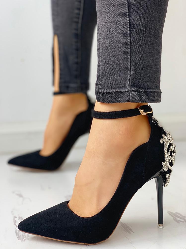 Gem-Studded Pointed Toe Ankle Strap Heels - DadHats2ow6ix