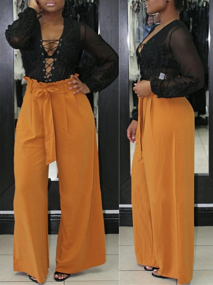 Frilled High Waist Belted Wide Leg Pants - DadHats2ow6ix