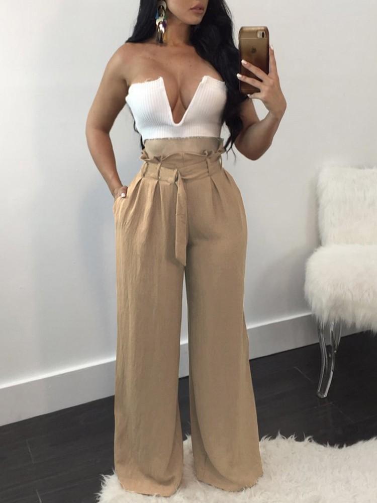 Frilled High Waist Belted Wide Leg Pants - DadHats2ow6ix