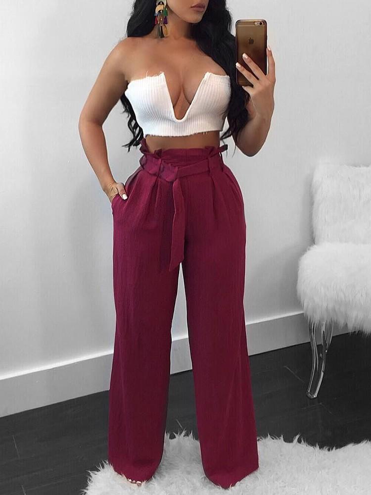 Frilled High Waist Belted Wide Leg Pants - DadHats2ow6ix