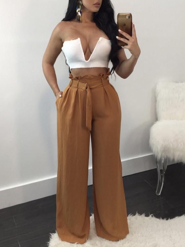 Frilled High Waist Belted Wide Leg Pants - DadHats2ow6ix