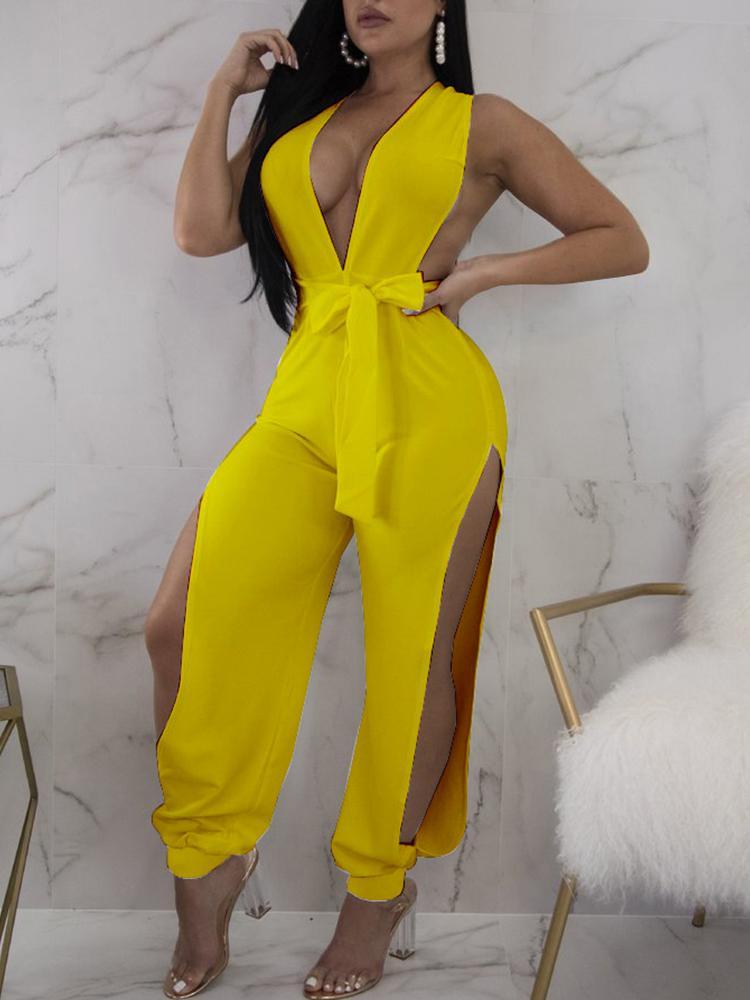 Halter Deep V Tied Waist Slit Side Jumpsuit - DadHats2ow6ix