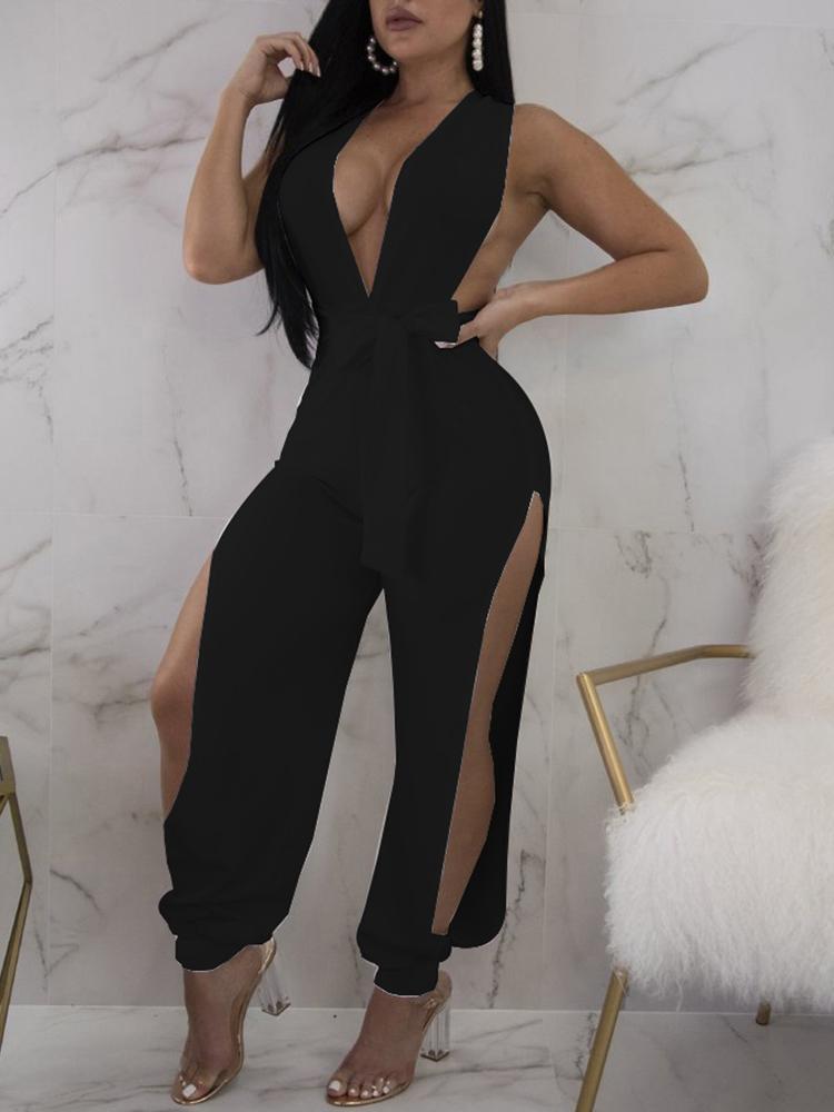 Halter Deep V Tied Waist Slit Side Jumpsuit - DadHats2ow6ix