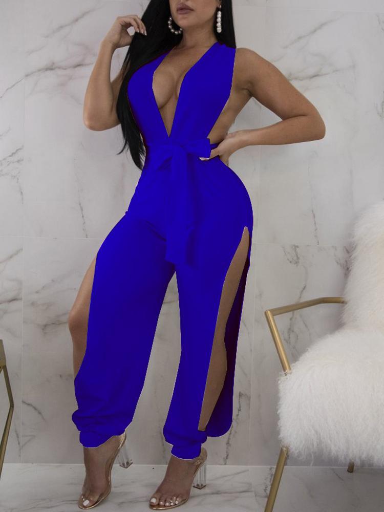 Halter Deep V Tied Waist Slit Side Jumpsuit - DadHats2ow6ix