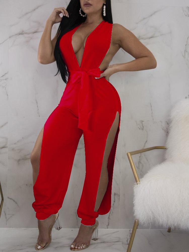 Halter Deep V Tied Waist Slit Side Jumpsuit - DadHats2ow6ix