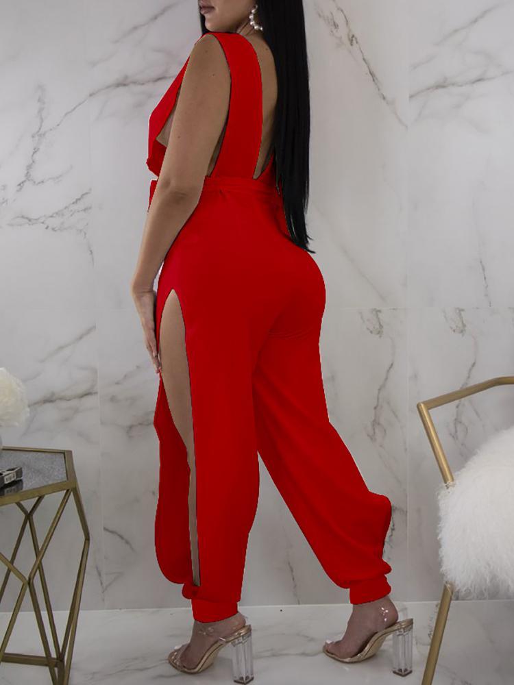 Halter Deep V Tied Waist Slit Side Jumpsuit - DadHats2ow6ix