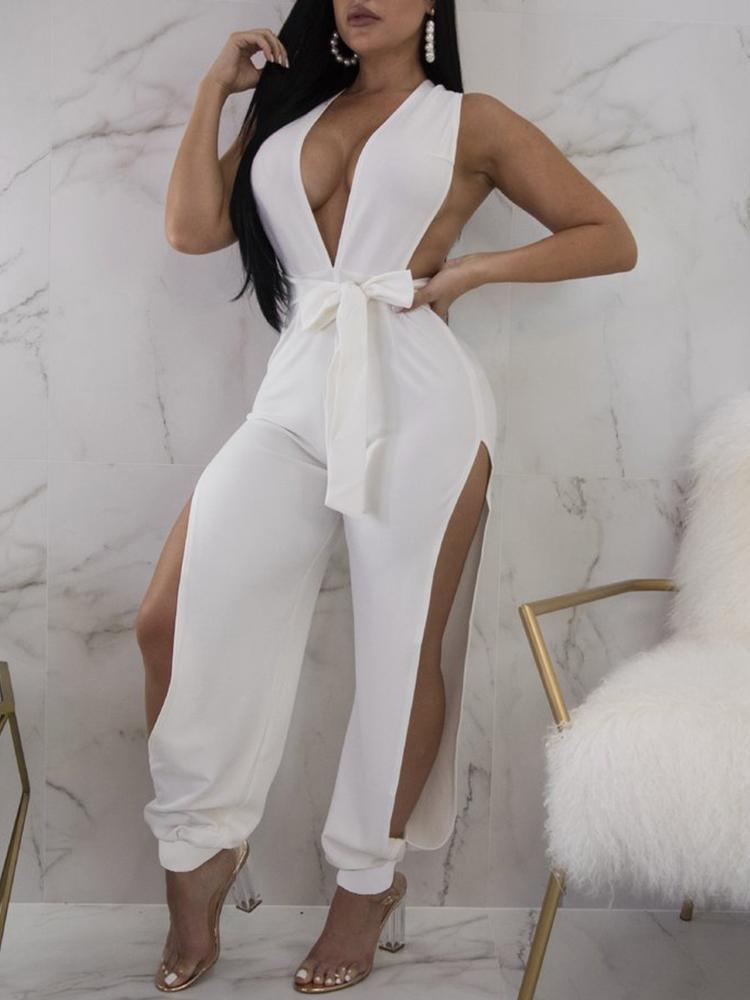 Halter Deep V Tied Waist Slit Side Jumpsuit - DadHats2ow6ix