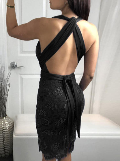 Twist Halter Backless Tie Waist Lace Party Dress - DadHats2ow6ix