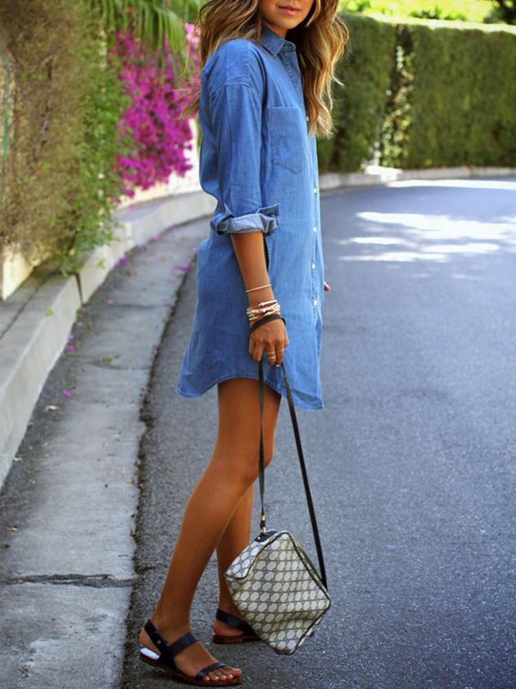 Trendy Buttoned Denim Shirt Dress - DadHats2ow6ix