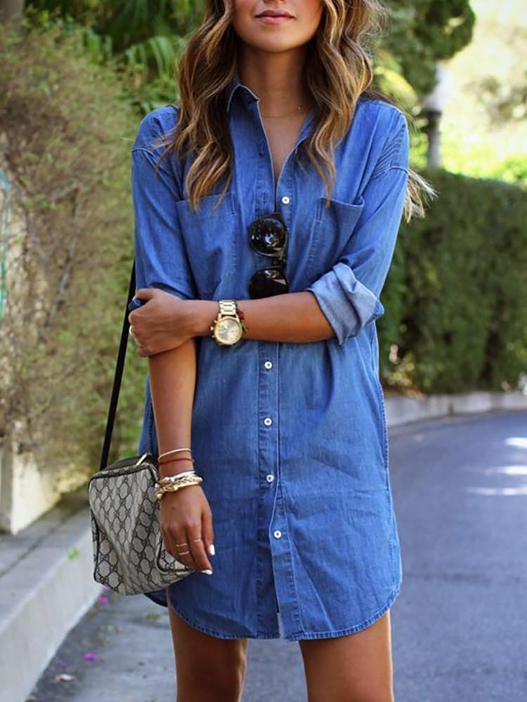 Trendy Buttoned Denim Shirt Dress - DadHats2ow6ix