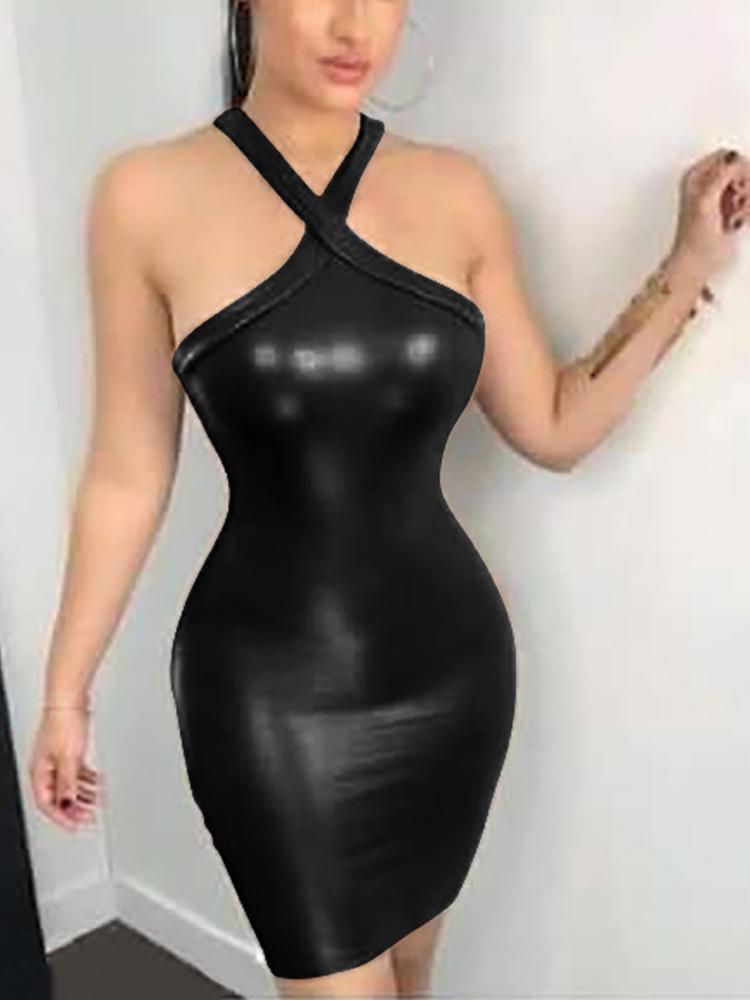 Halter Backless Skinny PU Dress - DadHats2ow6ix