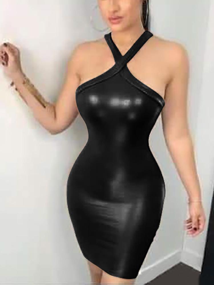 Halter Backless Skinny PU Dress - DadHats2ow6ix