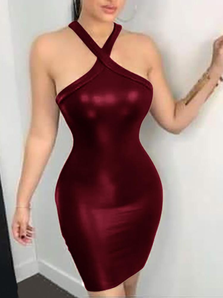 Halter Backless Skinny PU Dress - DadHats2ow6ix