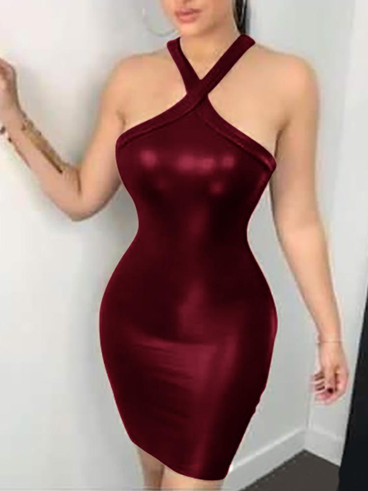 Halter Backless Skinny PU Dress - DadHats2ow6ix