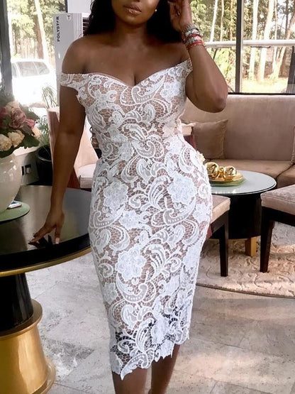 White Off Shoulder Conchet Bodycon Lace Dress Cocktail Graduation - DadHats2ow6ix