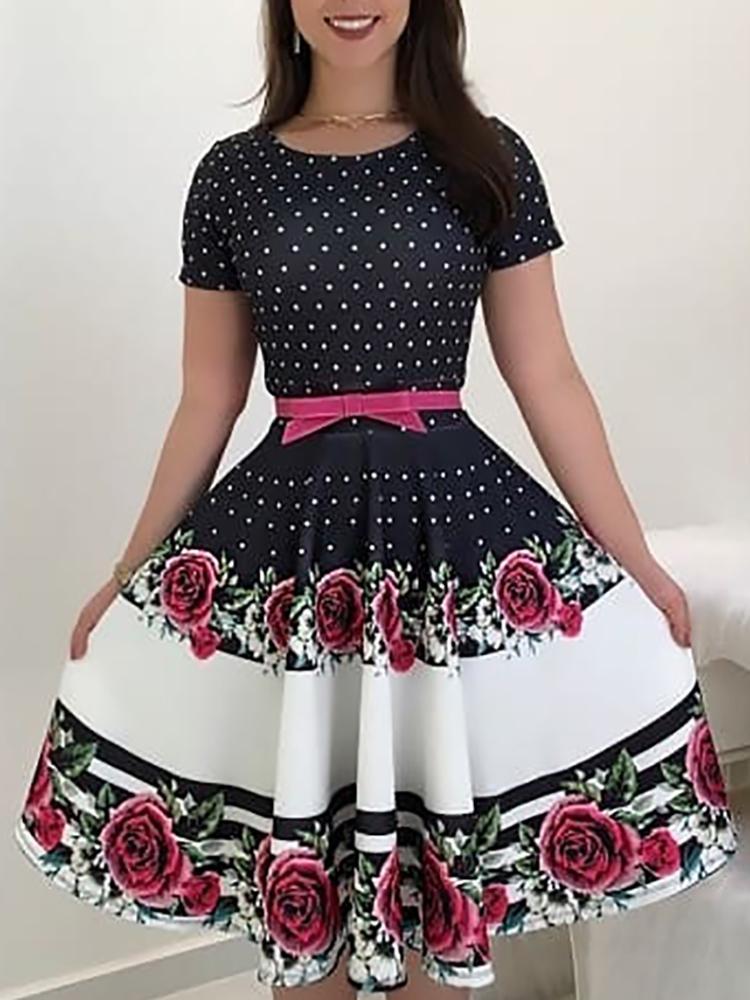 Floral & Dot Print Short Sleeve Pleated Dress - DadHats2ow6ix