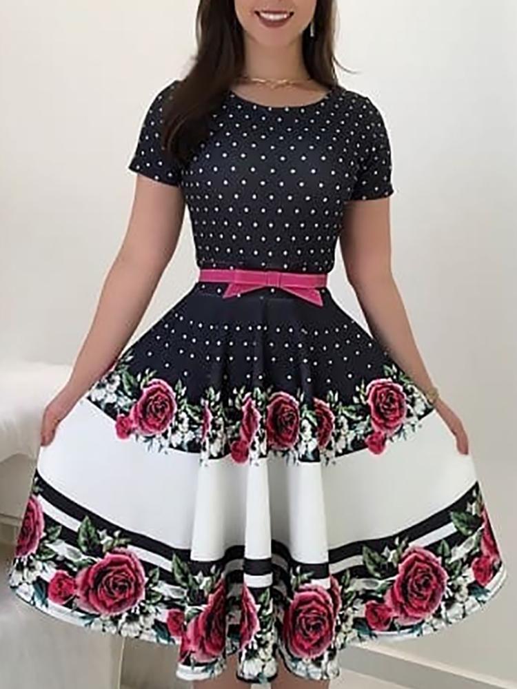 Floral & Dot Print Short Sleeve Pleated Dress - DadHats2ow6ix