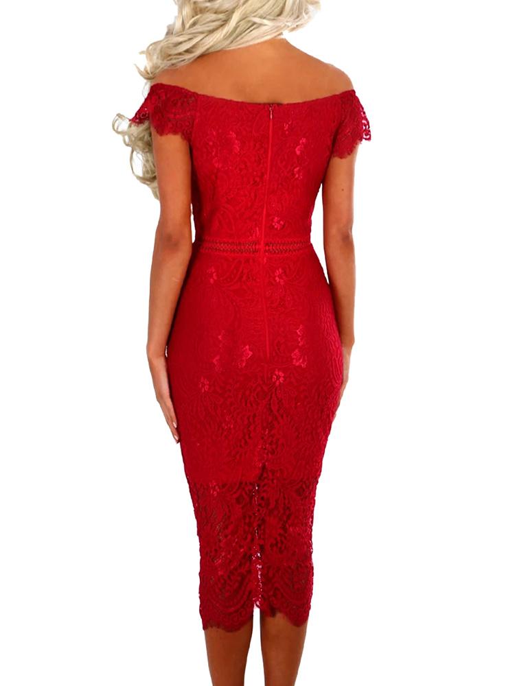 Elegant Off Shoulder Lace Sheath Midi Dress - DadHats2ow6ix