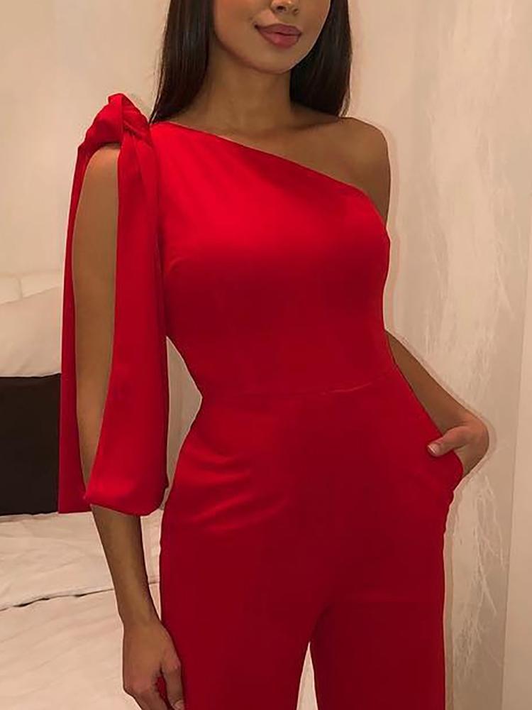 One Shoulder Slit Sleeve Wide Leg Jumpsuit - DadHats2ow6ix