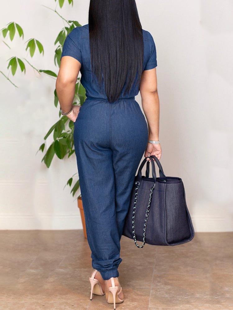 Short Sleeve Pocket Design Belted Denim Jumpsuit - DadHats2ow6ix