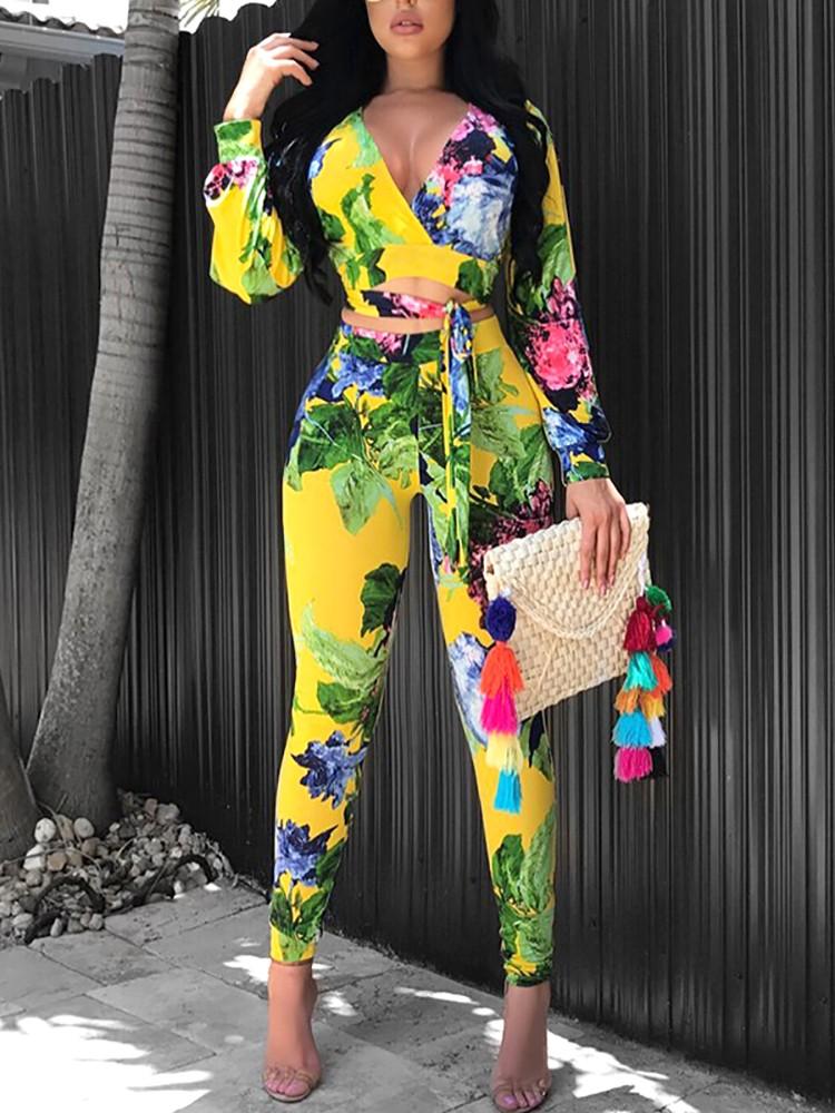 Stylish Print Deep V Split Bandage Cropped Pantsuit - DadHats2ow6ix