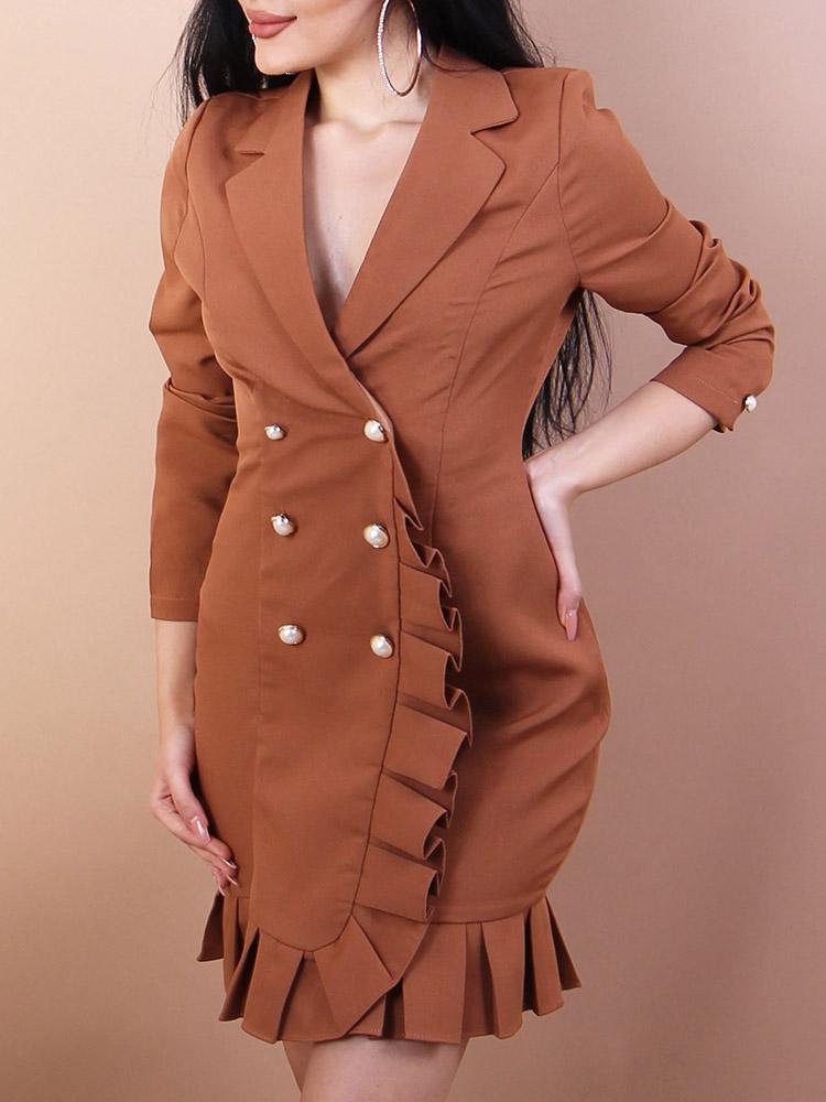 Double-Breasted Ruffle Trim Blazer Dress - DadHats2ow6ix