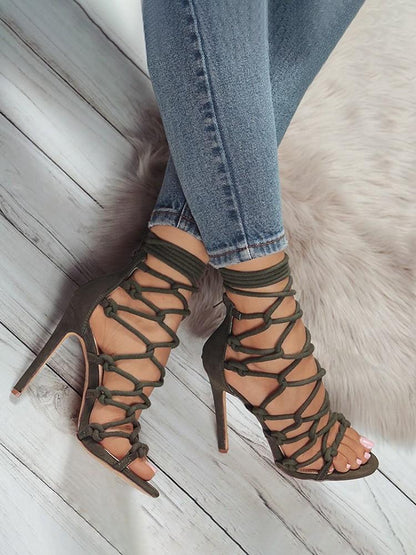Solid Hollow Out Lace Up Thin Heels Sandals - DadHats2ow6ix