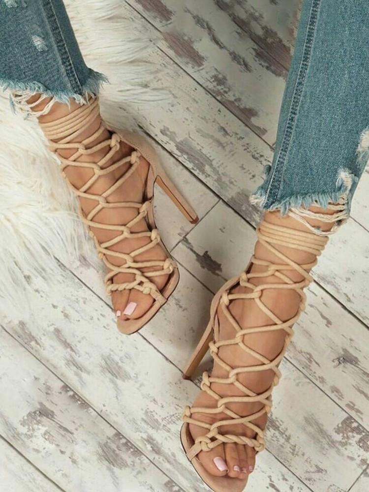 Solid Hollow Out Lace Up Thin Heels Sandals - DadHats2ow6ix