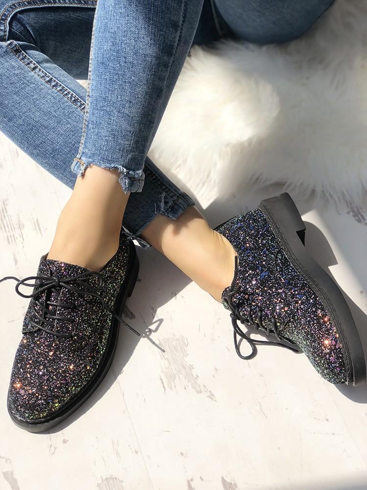 Glittering Sequined Round Toe Lace-up Sneakers - DadHats2ow6ix