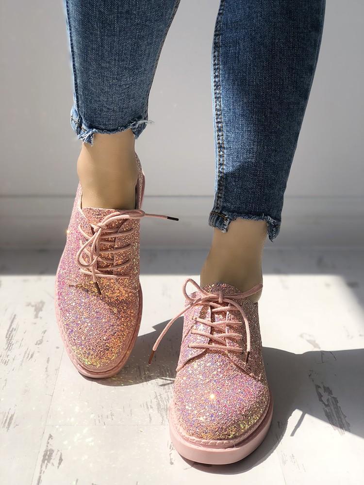 Glittering Sequined Round Toe Lace-up Sneakers - DadHats2ow6ix