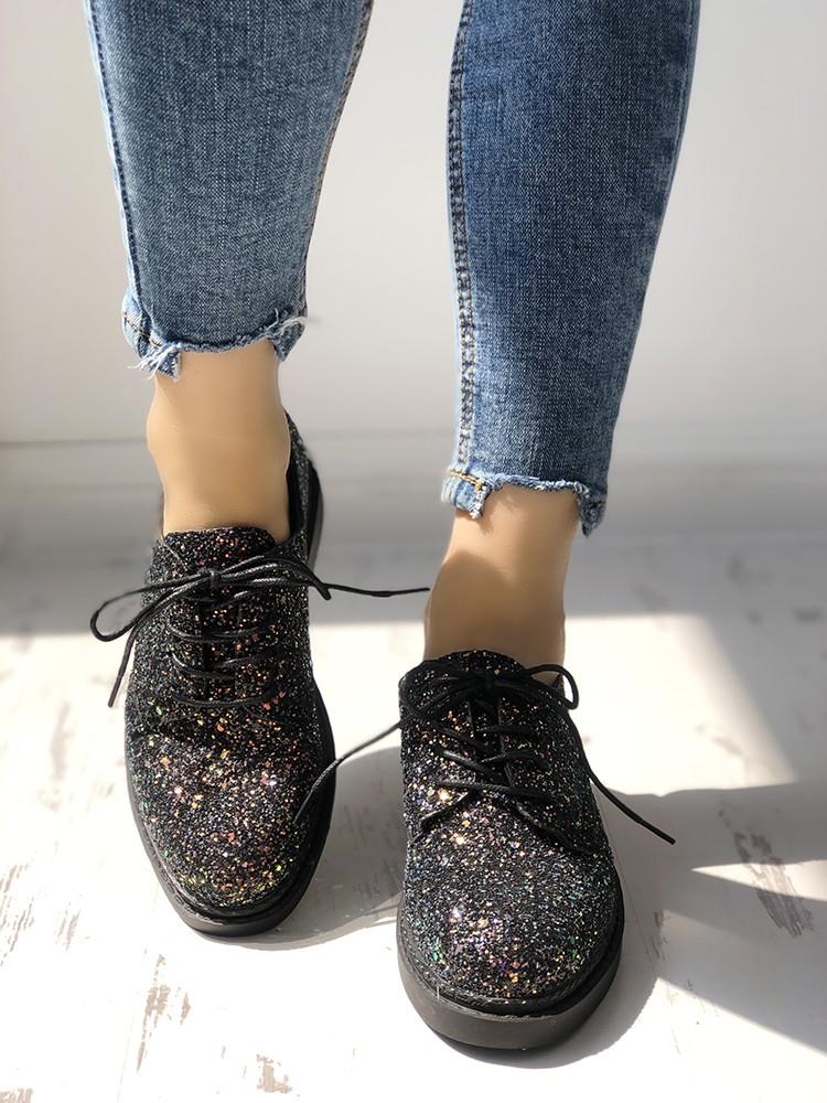 Glittering Sequined Round Toe Lace-up Sneakers - DadHats2ow6ix