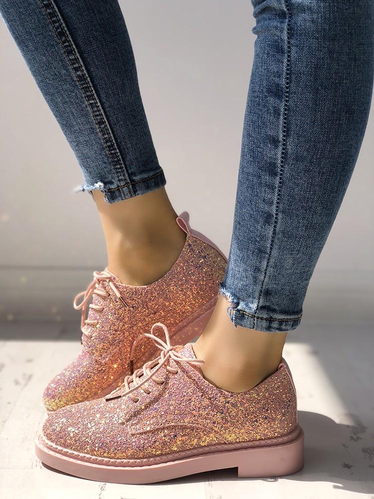 Glittering Sequined Round Toe Lace-up Sneakers - DadHats2ow6ix