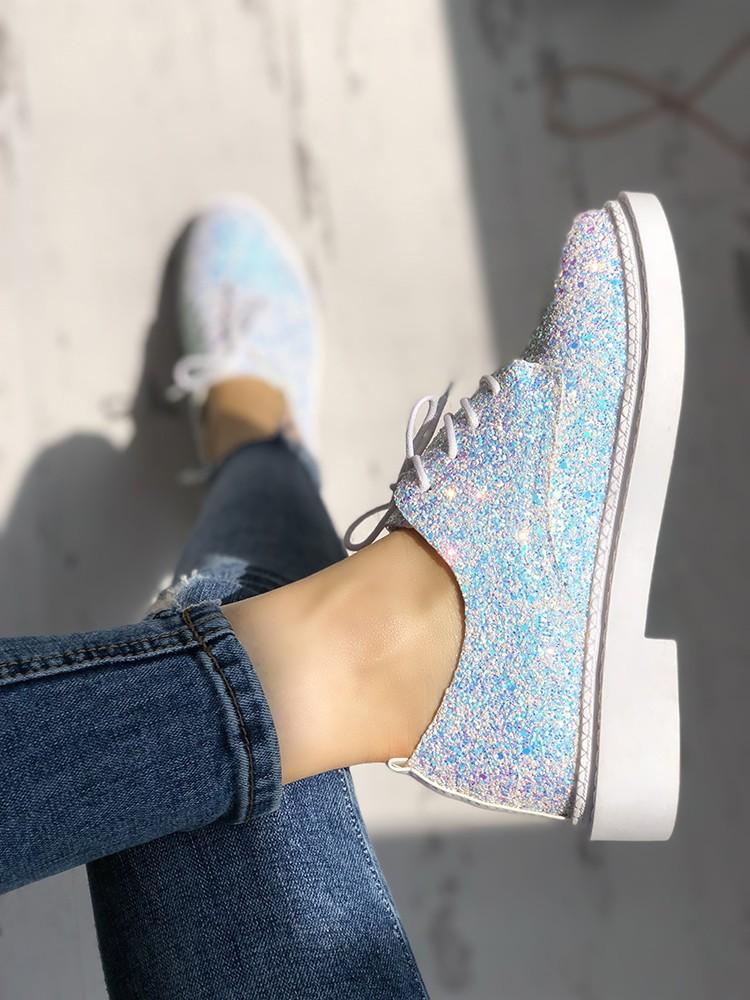 Glittering Sequined Round Toe Lace-up Sneakers - DadHats2ow6ix