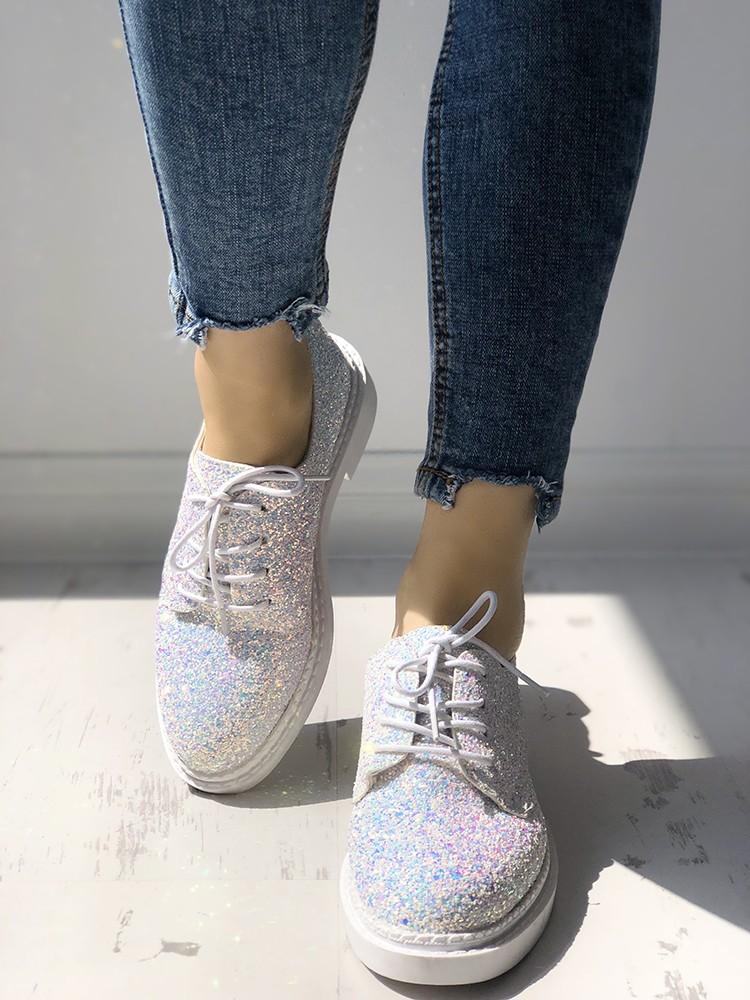 Glittering Sequined Round Toe Lace-up Sneakers - DadHats2ow6ix