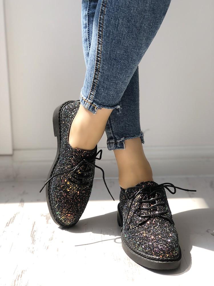 Glittering Sequined Round Toe Lace-up Sneakers - DadHats2ow6ix