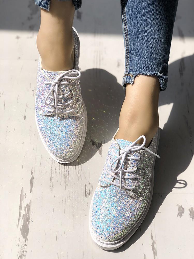 Glittering Sequined Round Toe Lace-up Sneakers - DadHats2ow6ix