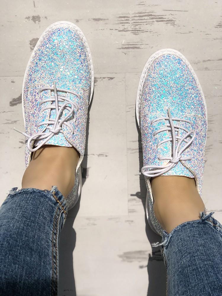 Glittering Sequined Round Toe Lace-up Sneakers - DadHats2ow6ix