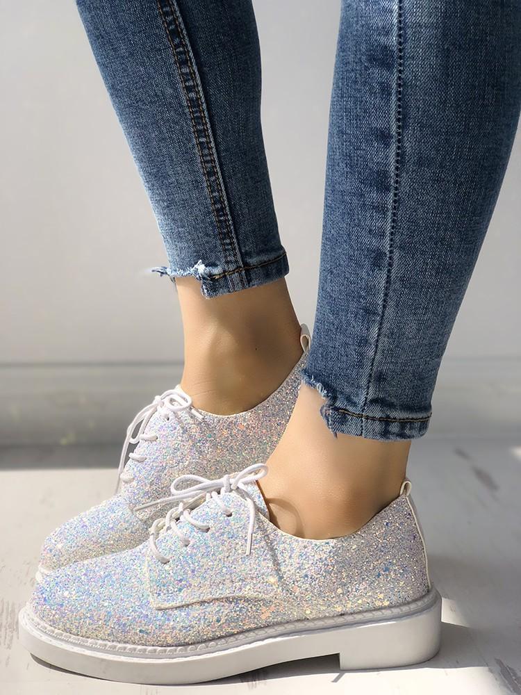 Glittering Sequined Round Toe Lace-up Sneakers - DadHats2ow6ix