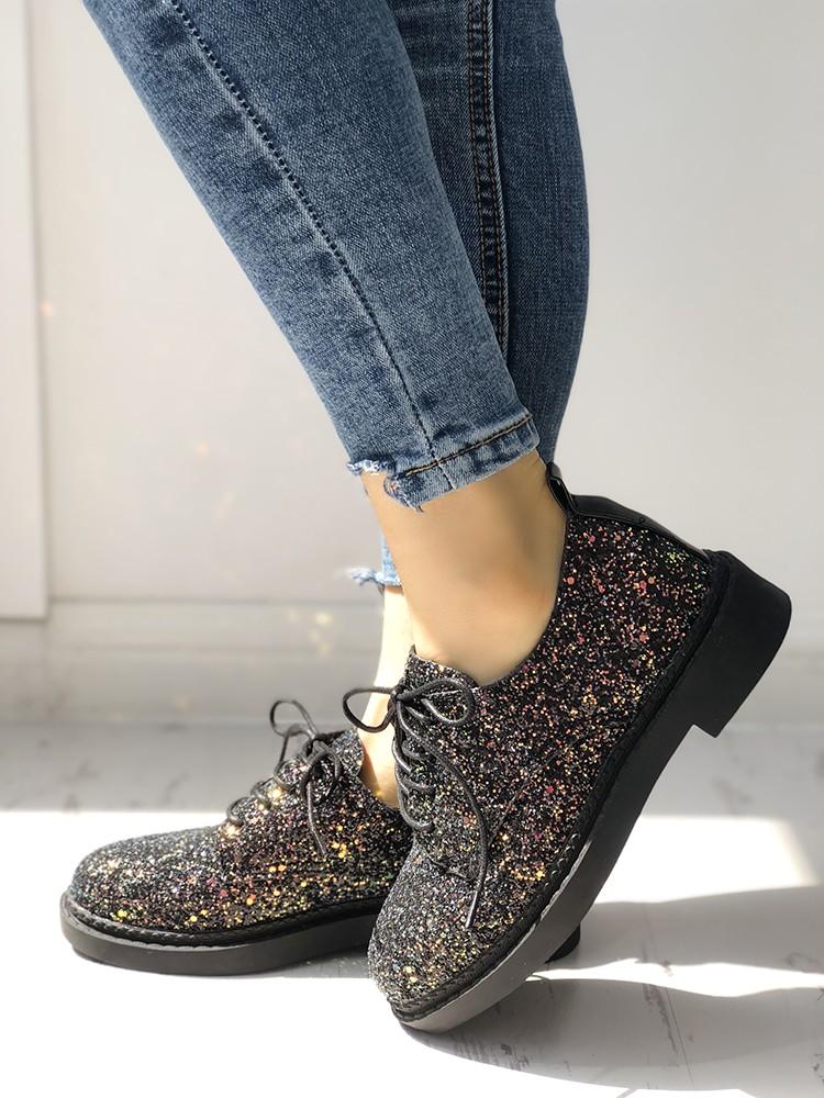 Glittering Sequined Round Toe Lace-up Sneakers - DadHats2ow6ix