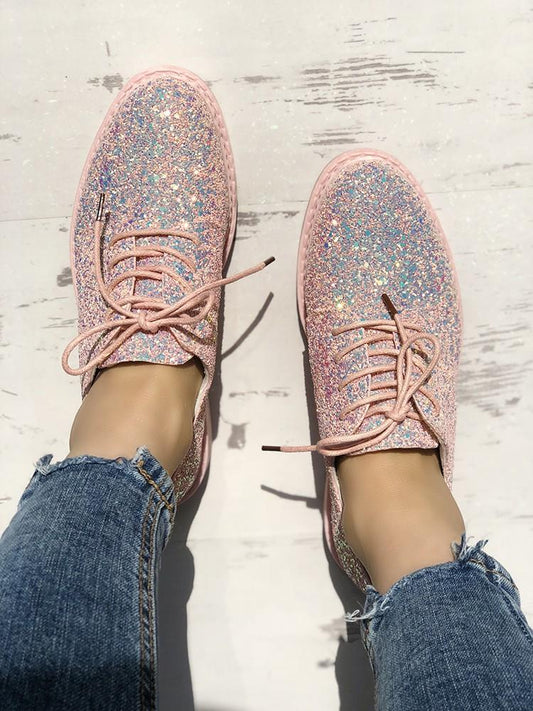 Glittering Sequined Round Toe Lace-up Sneakers - DadHats2ow6ix