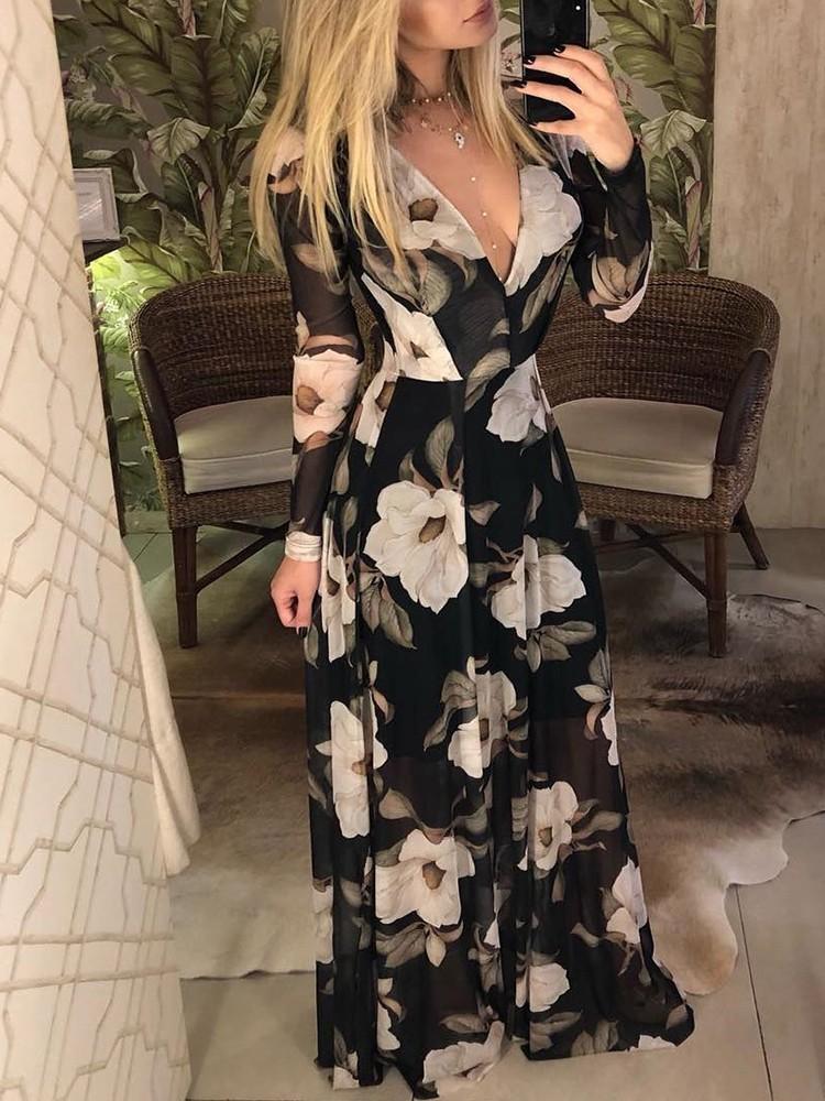 Floral Print V Neck Long Sleeve Maxi Dress - DadHats2ow6ix