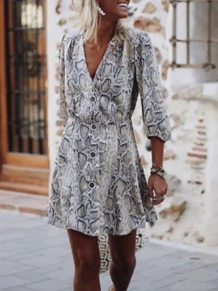 Snakeskin Print Button Design Casual Dress - DadHats2ow6ix